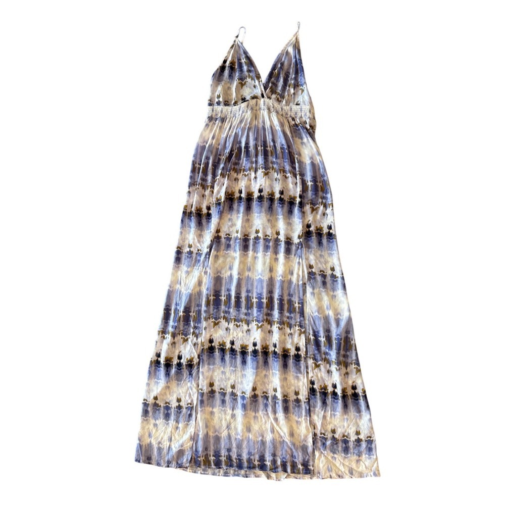 LUNIK Boho Striped Tie Dye Maxi Dress Blue Cream Rayon Sleeveless L